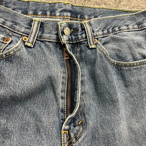 Levis 505 Jeans Mens 34x34 Blue Denim 5-Pocket Mid Rise Straight Leg Zip Fly - Picture 4 of 14